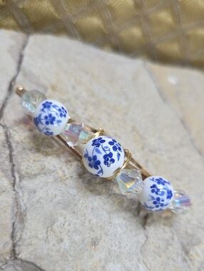 AB Crystal & Ceramic Beads Hair Pin Clip Forget Me Not Flowers